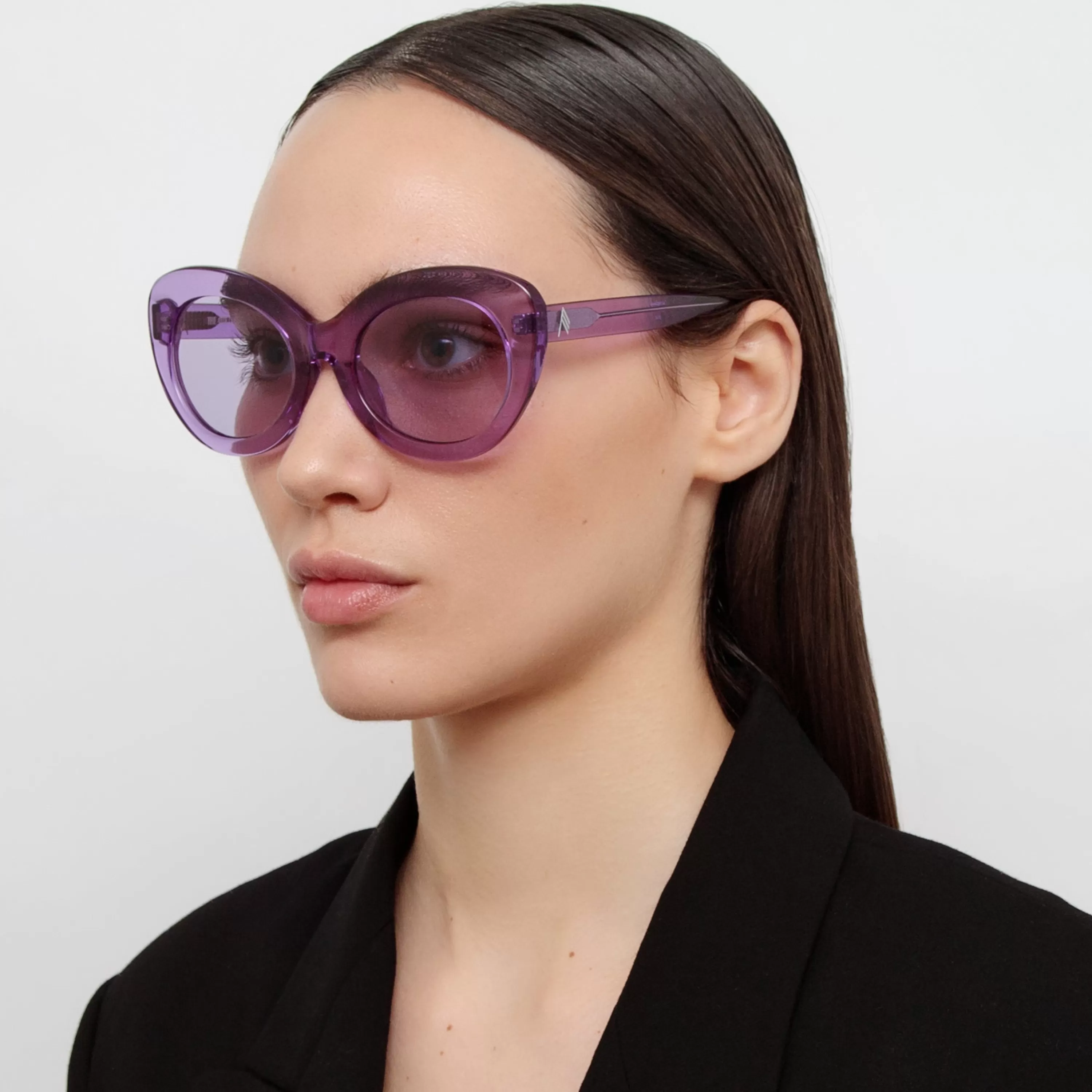 LINDA FARROW (U.K.) Agnes Cat Eye Sunglasses in Purple