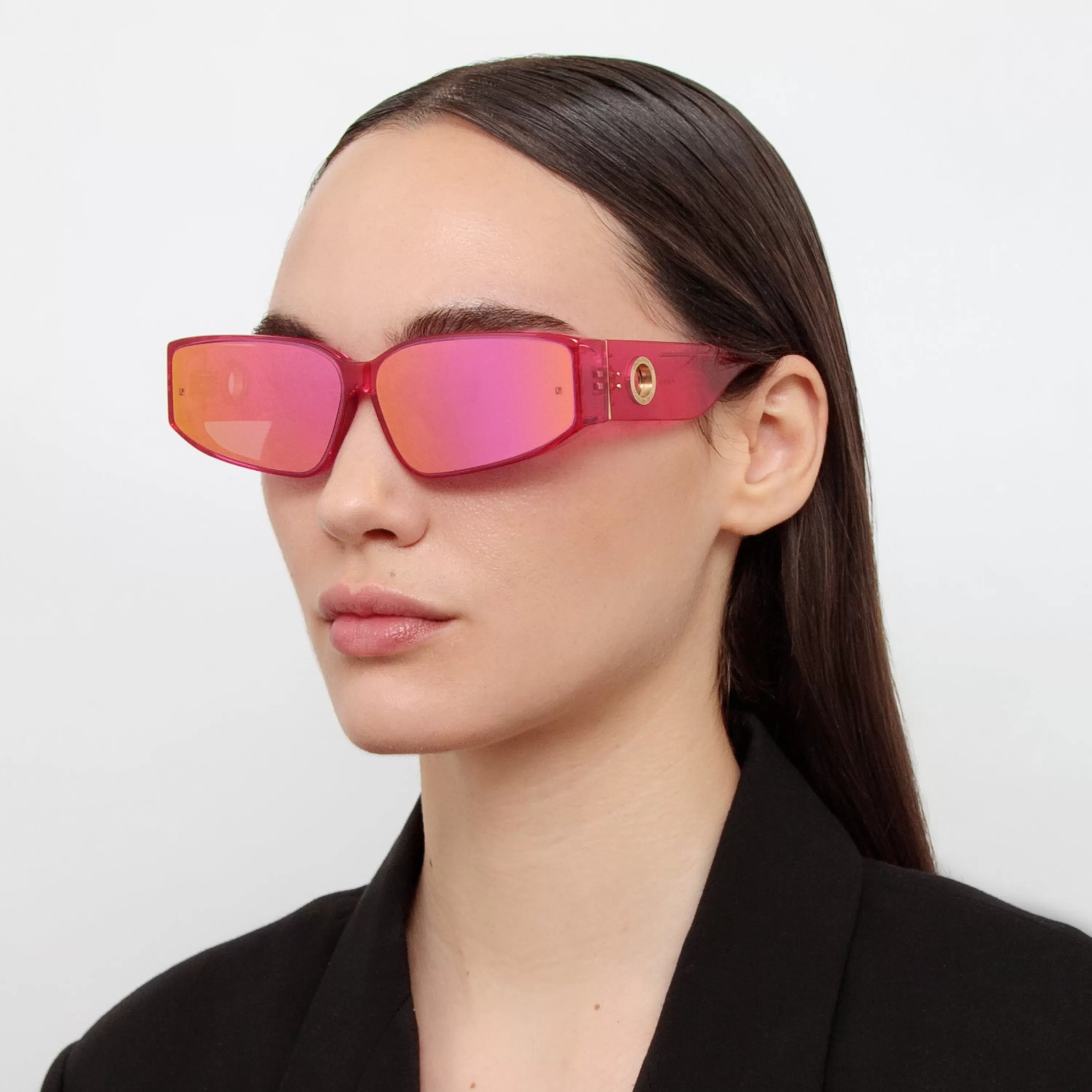 Women LINDA FARROW (U.K.) Alexis Angular Sunglasses in Neon Pink
