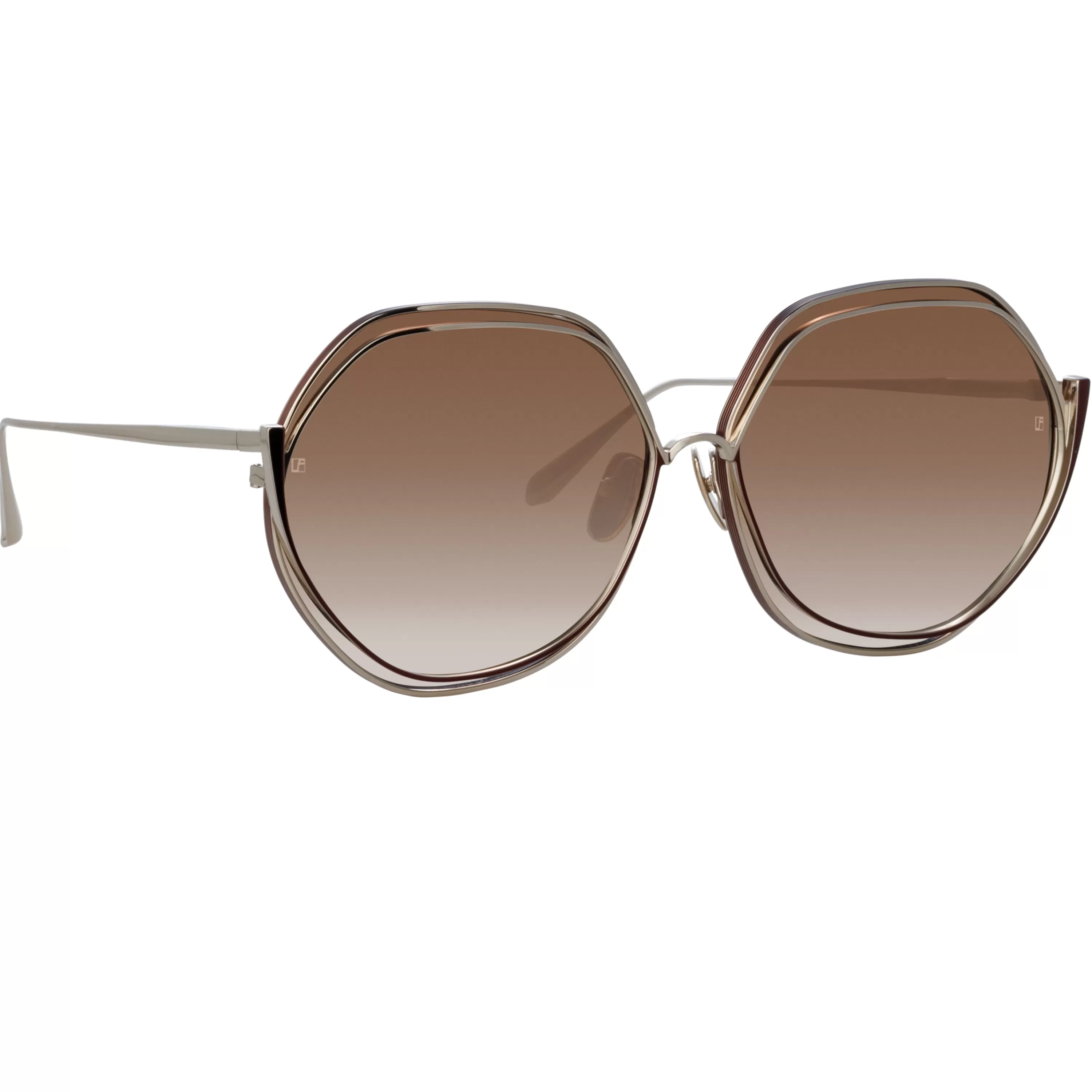 LINDA FARROW (U.K.) Aspen Hexagon Sunglasses in Metallic Brown