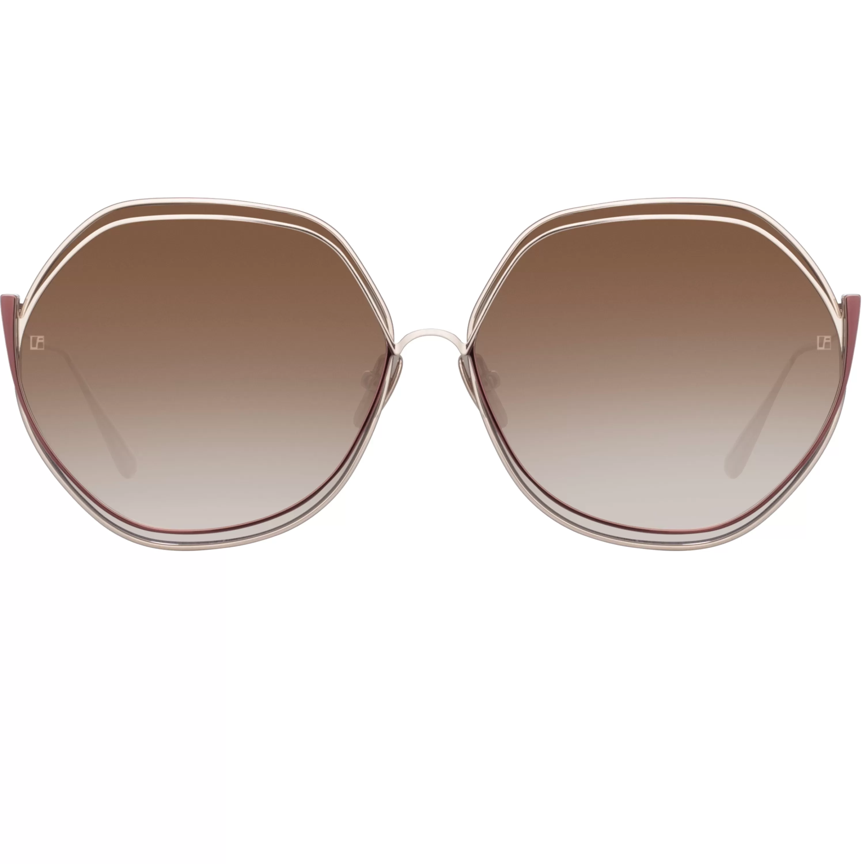 LINDA FARROW (U.K.) Aspen Hexagon Sunglasses in Metallic Brown