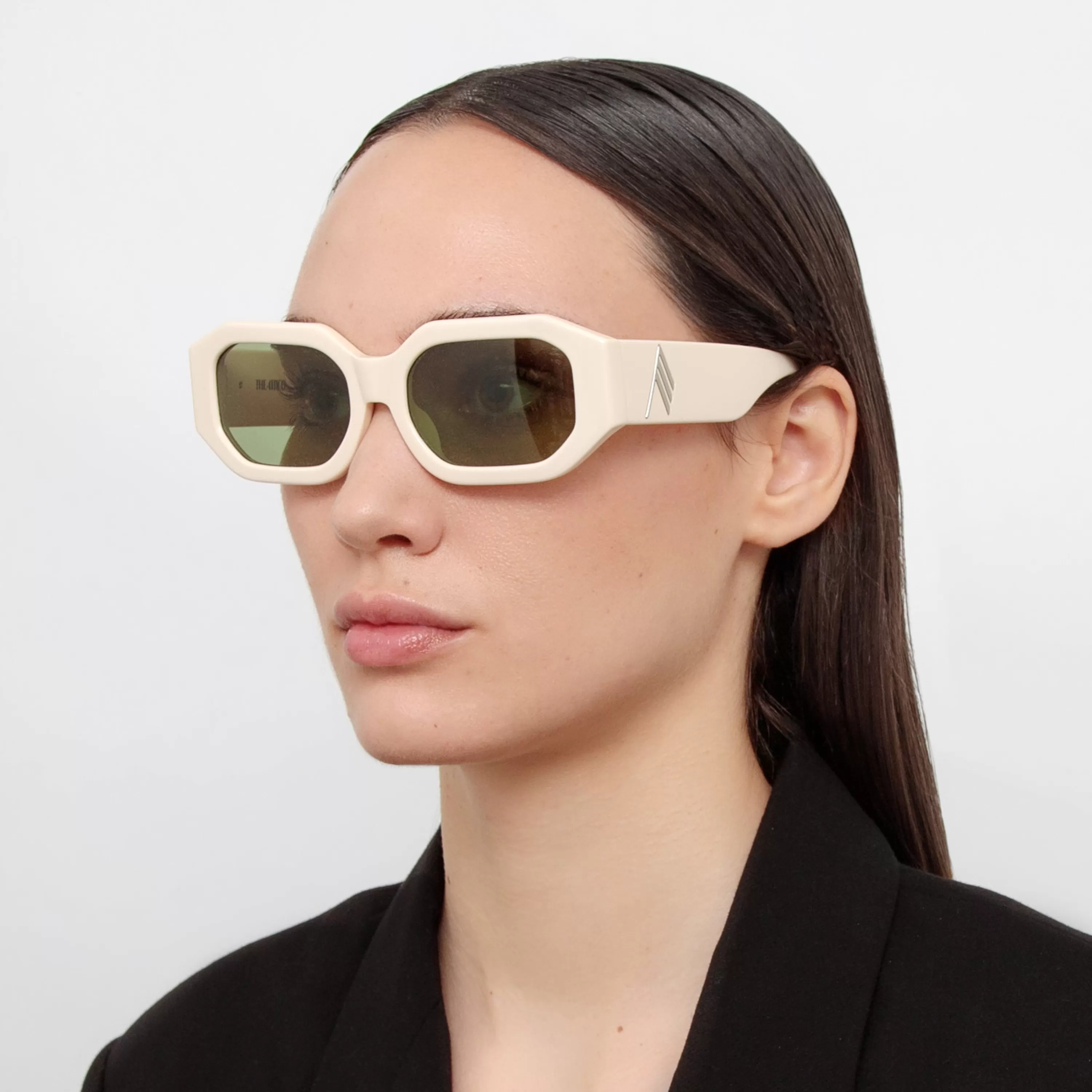 LINDA FARROW (U.K.) Blake Angular Sunglasses in Ivory and Green