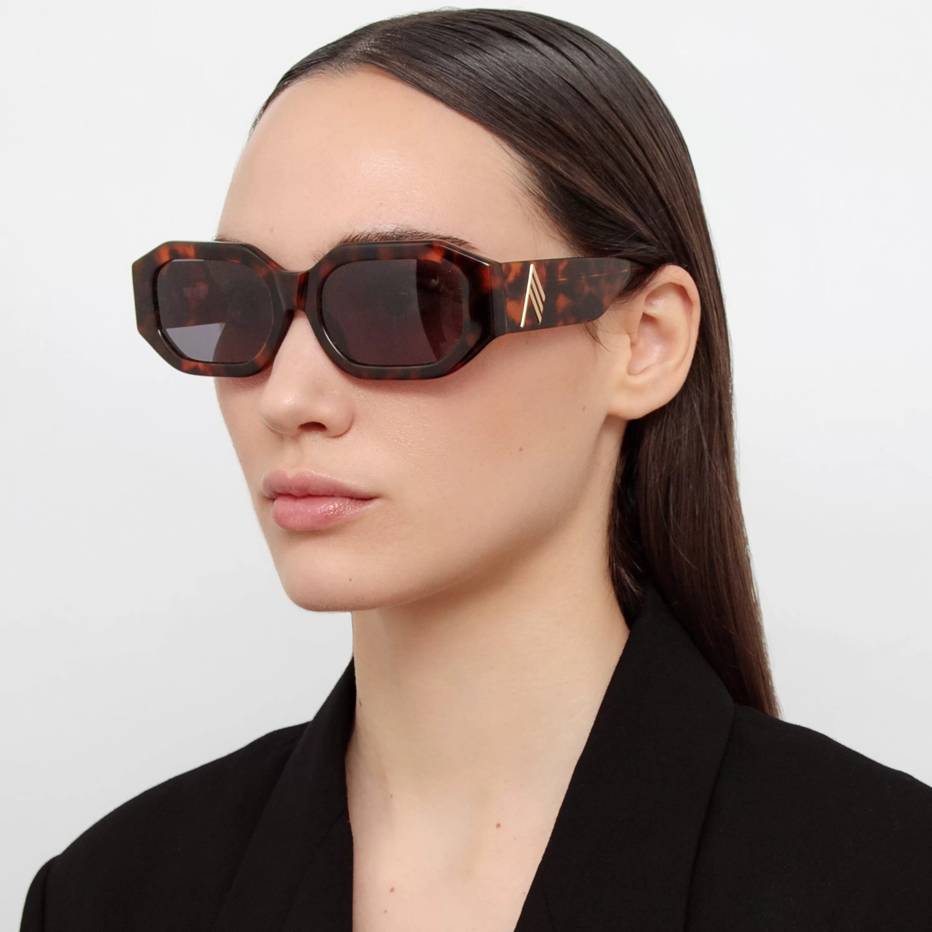 LINDA FARROW (U.K.) Blake Angular Sunglasses in Tortoiseshell