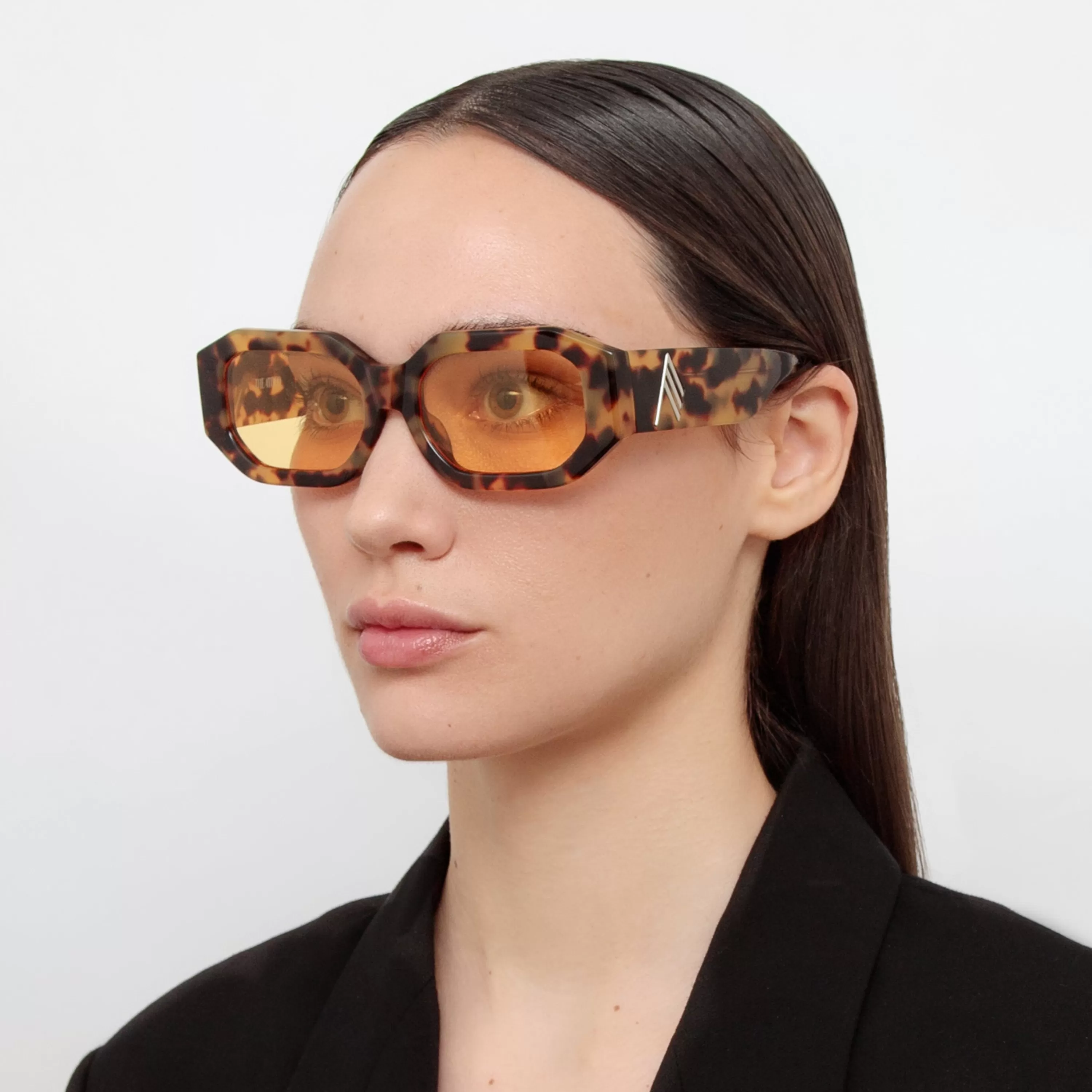 LINDA FARROW (U.K.) Blake Angular Sunglasses in Tortoiseshell and Yellow