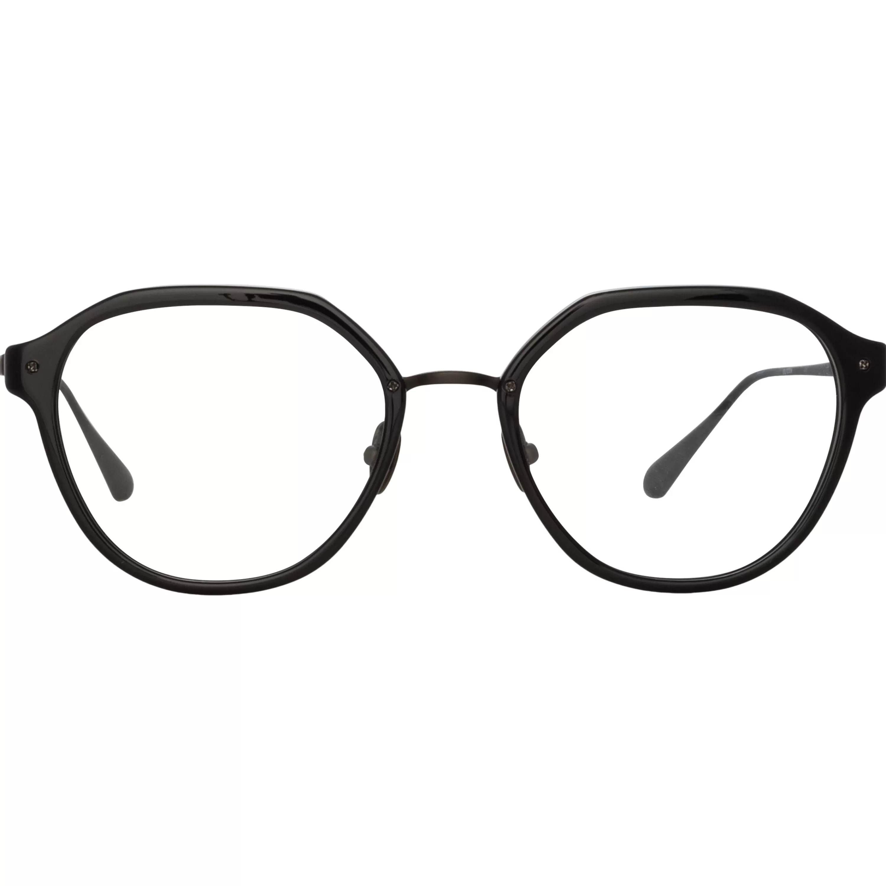 LINDA FARROW (U.K.) Cacao Angular Optical Frames in Black and Nickel