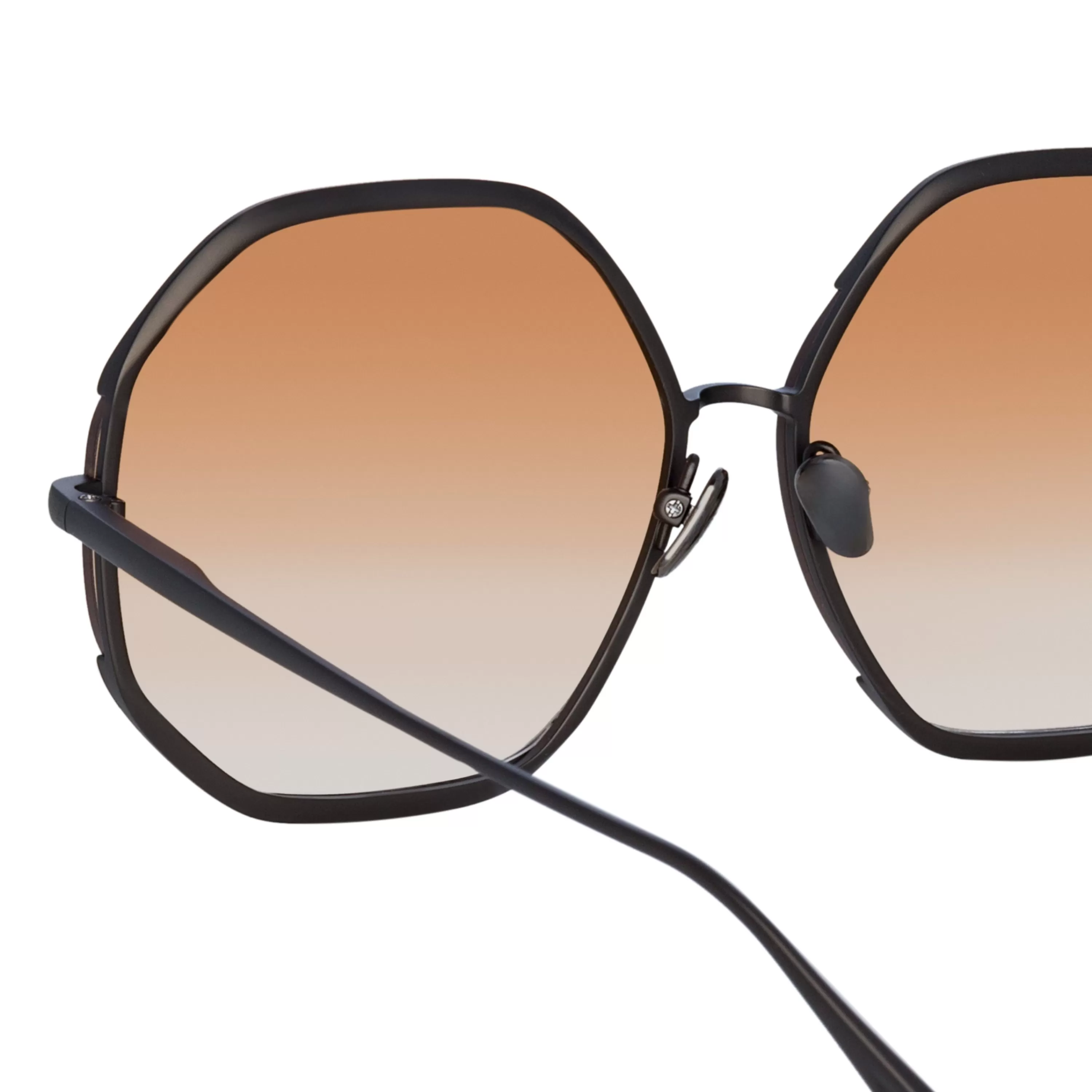 camila_hexagon_sunglasses_in_nickel_and_camel_3.webp Women LINDA FARROW (U.K.) Camila Hexagon Sunglasses in Nickel and Camel