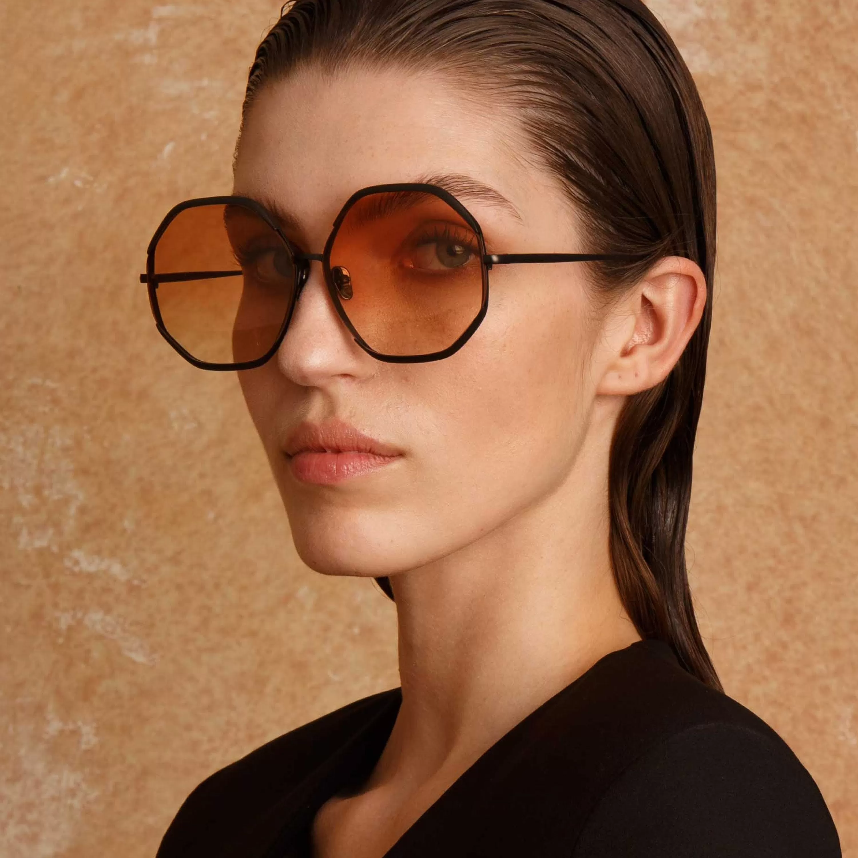 camila_hexagon_sunglasses_in_nickel_and_camel_4.webp Women LINDA FARROW (U.K.) Camila Hexagon Sunglasses in Nickel and Camel