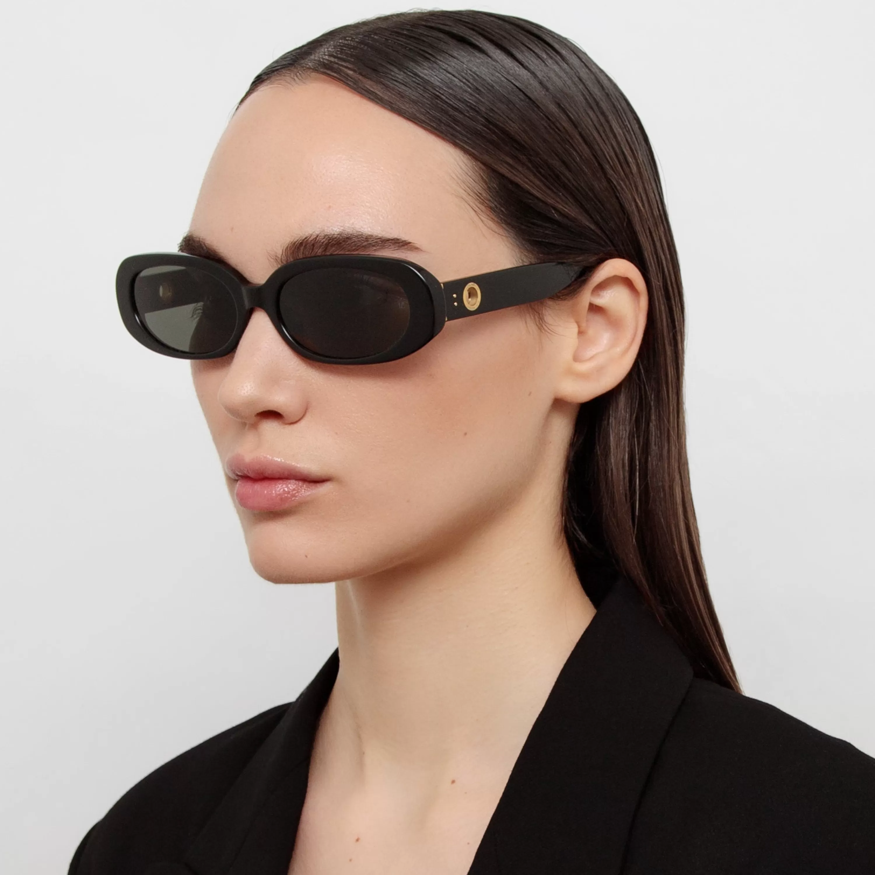 LINDA FARROW (U.K.) Cara Oval Sunglasses in Black