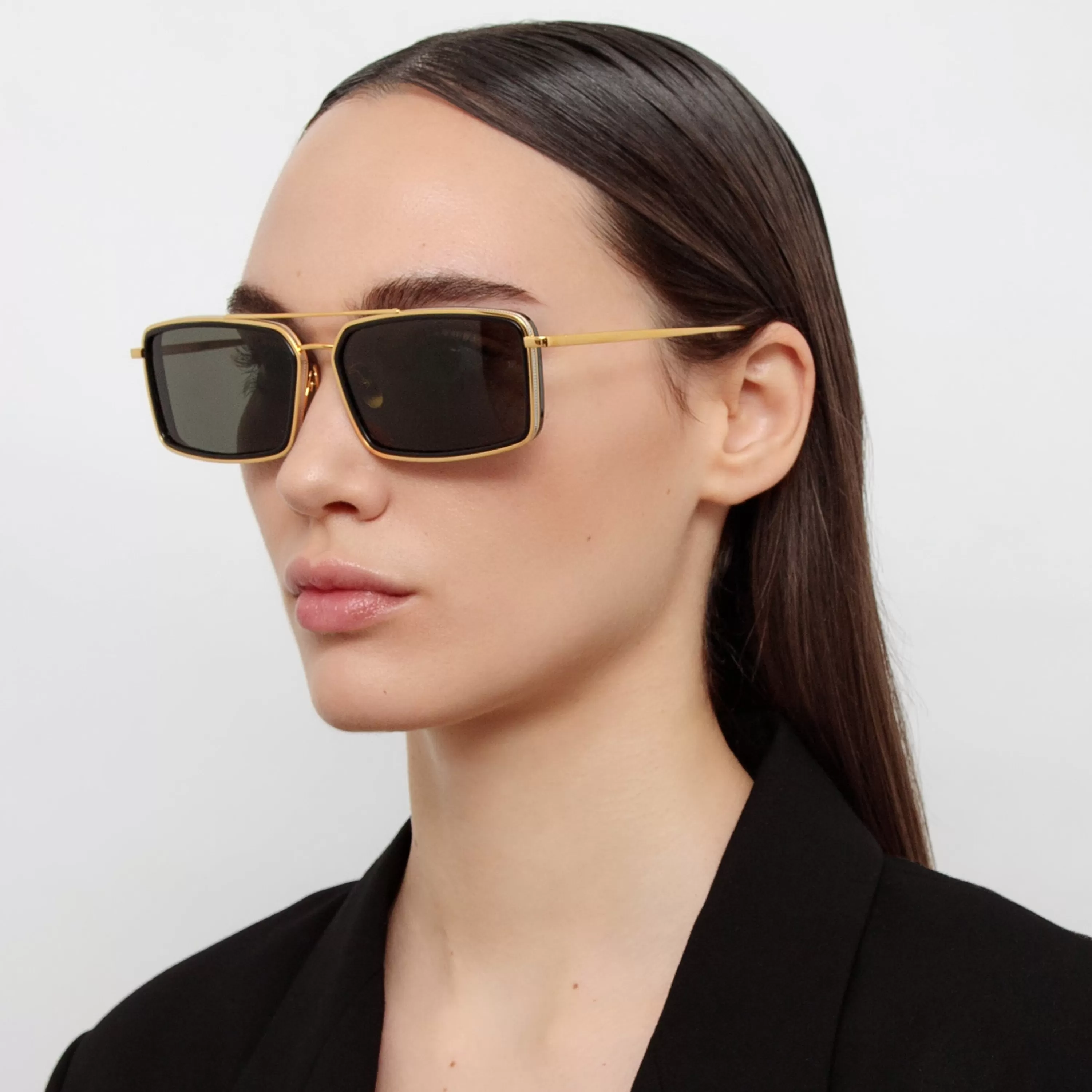 Women LINDA FARROW (U.K.) Cassia Rectangular Sunglasses in Yellow Gold