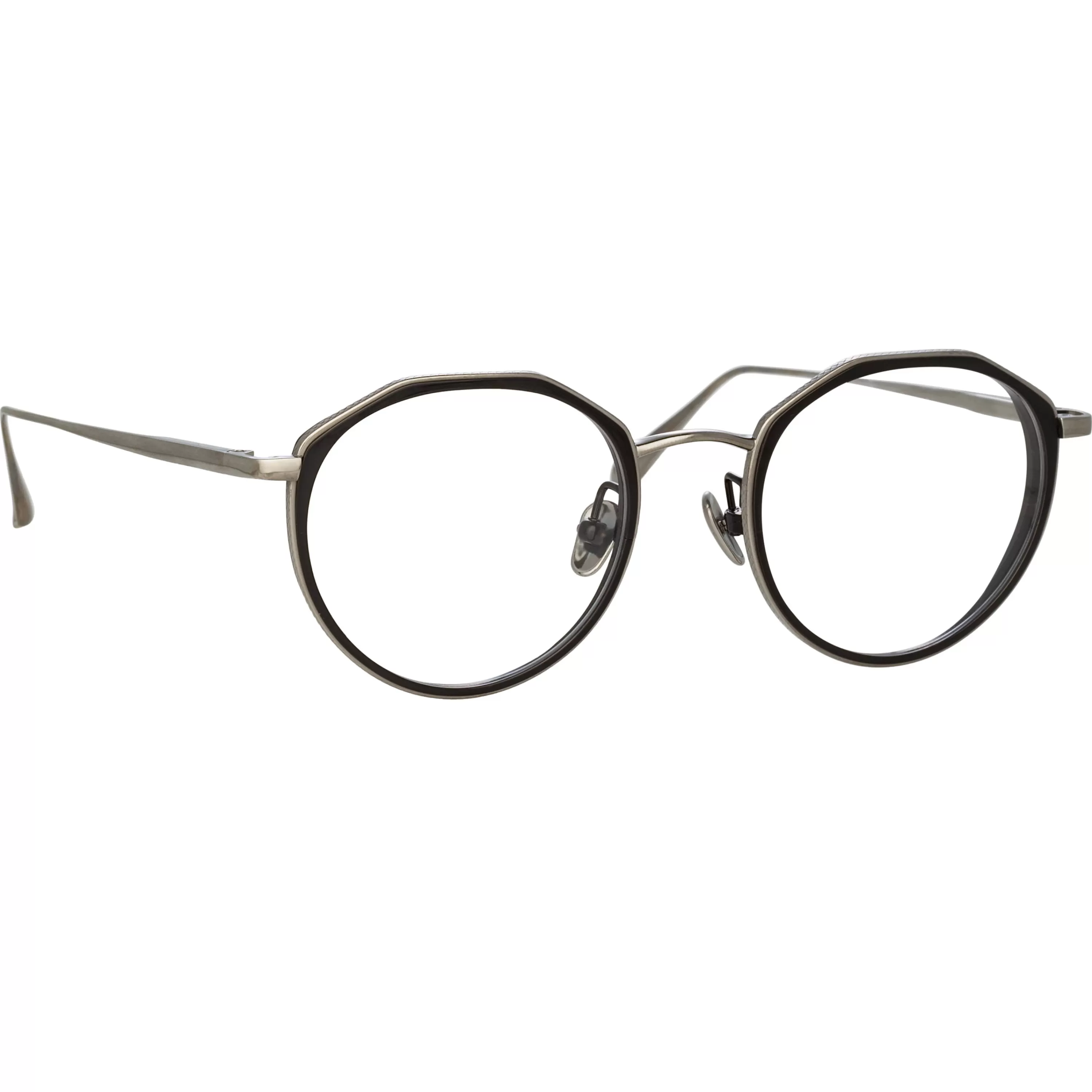 cesar_angular_optical_frame_in_white_gold_and_black_2.webp LINDA FARROW (U.K.) Cesar Angular Optical Frame in White Gold and Black