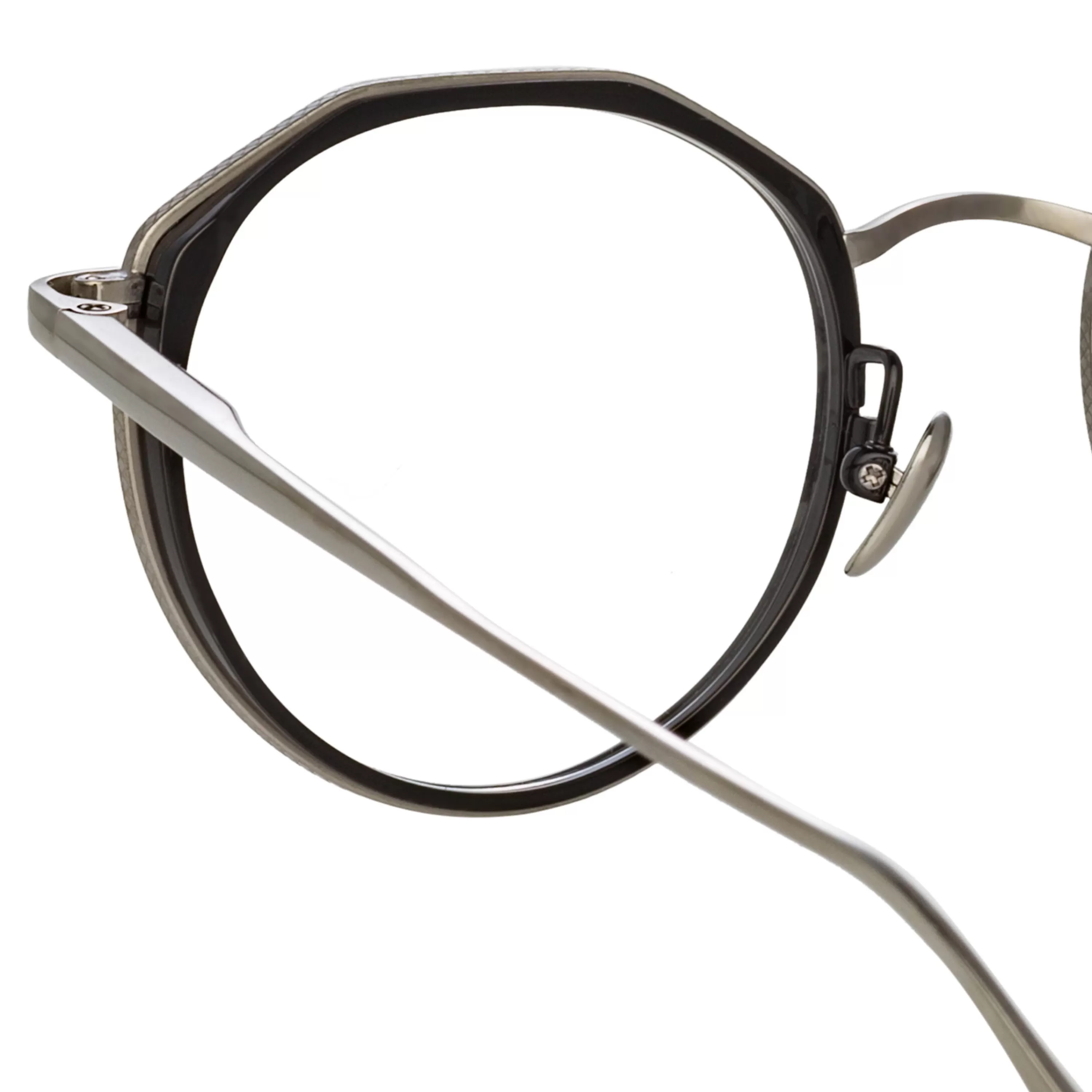 cesar_angular_optical_frame_in_white_gold_and_black_4.webp LINDA FARROW (U.K.) Cesar Angular Optical Frame in White Gold and Black