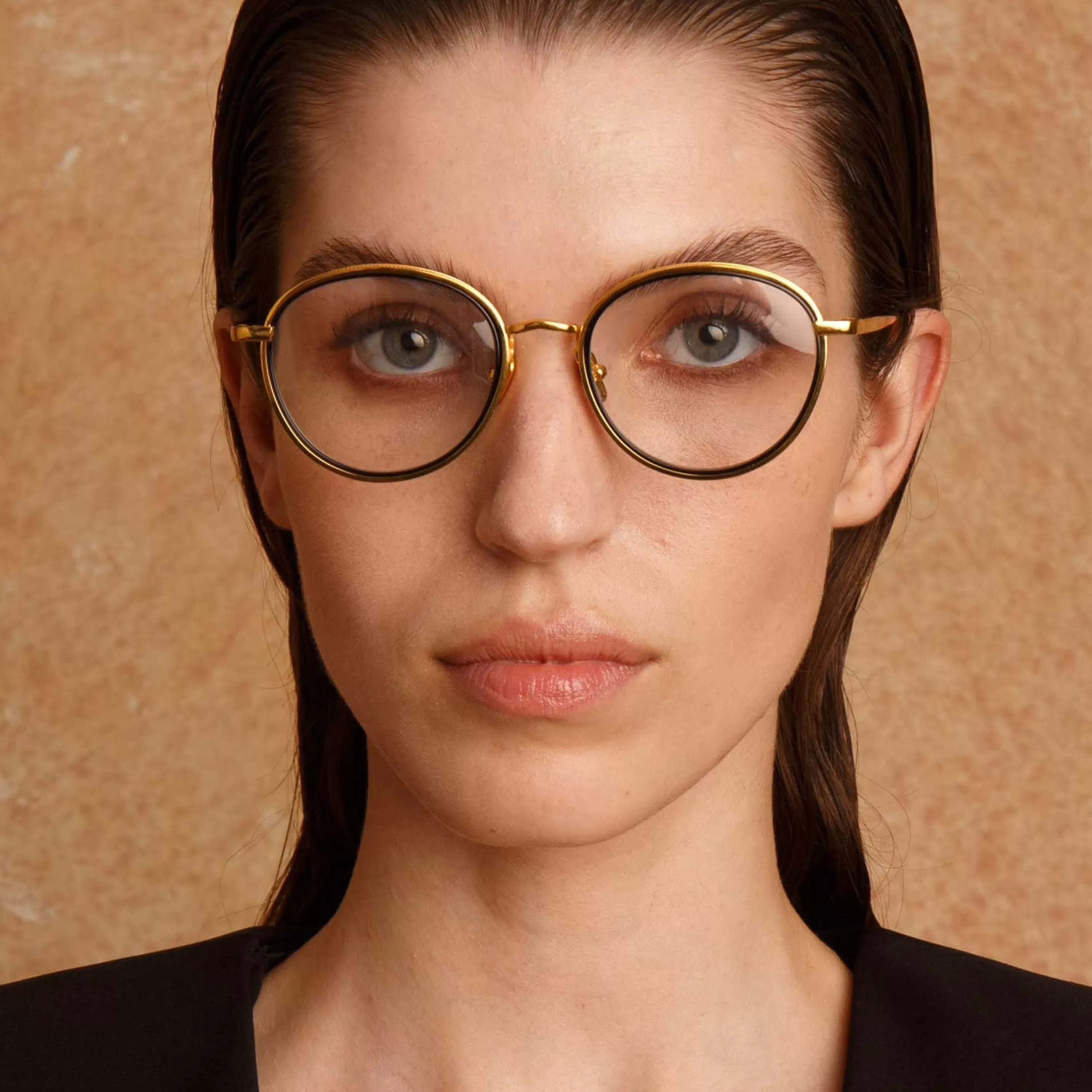 LINDA FARROW (U.K.) Comer Optical Oval Frame in Yellow Gold