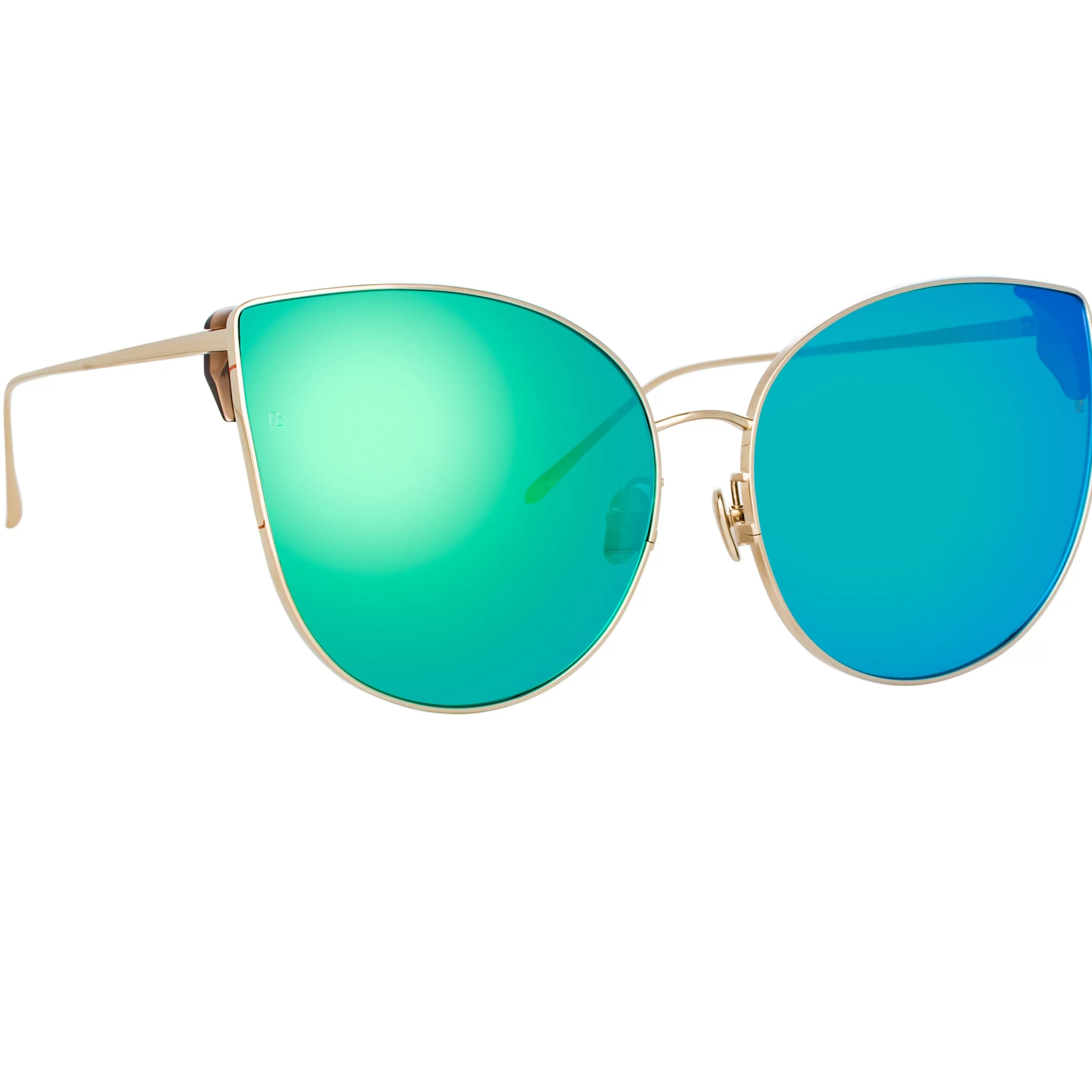 LINDA FARROW (U.K.) Flyer Cat Eye Sunglasses in Light Gold and Blue