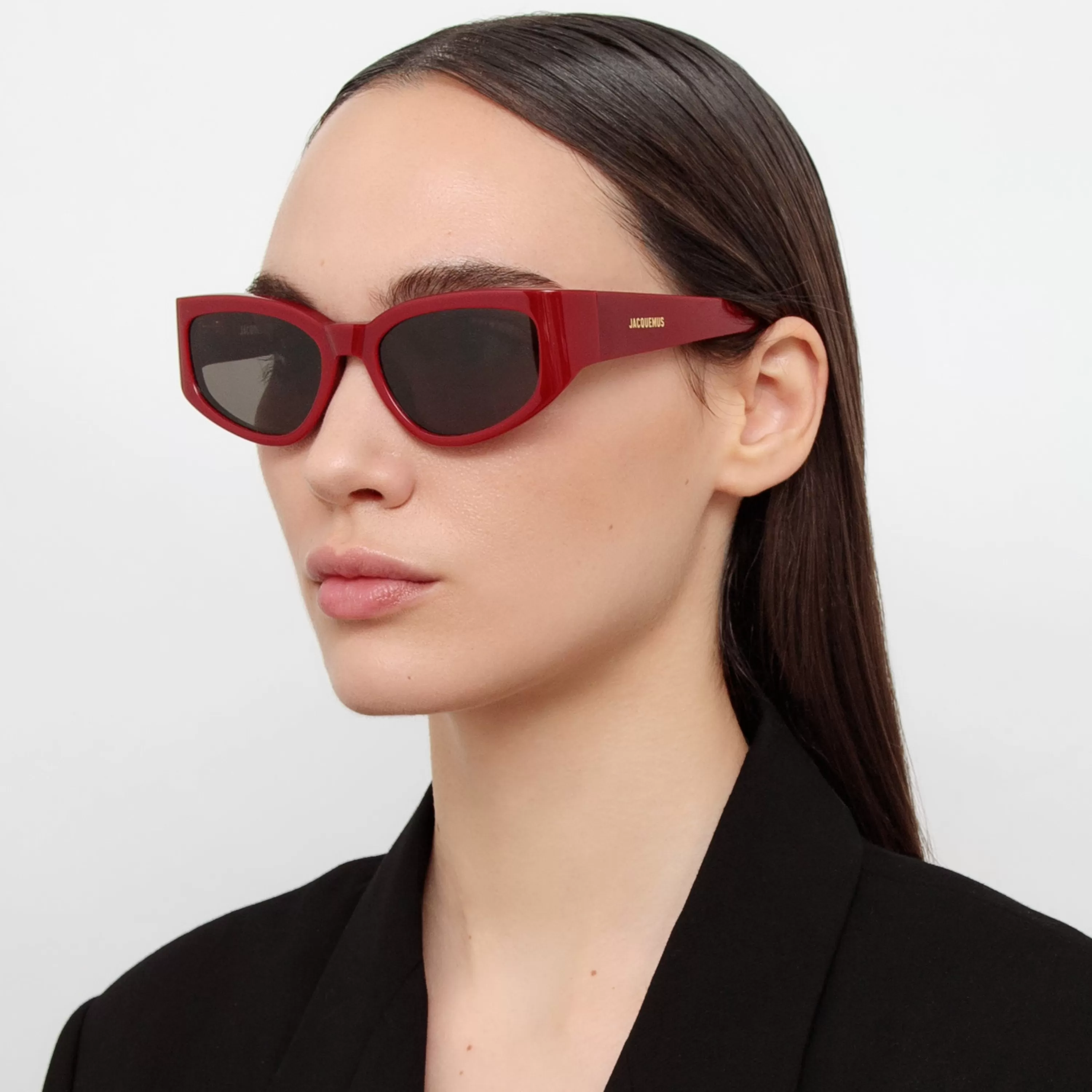 LINDA FARROW (U.K.) Gala Cat Eye Sunglasses in Burgundy by Jacquemus