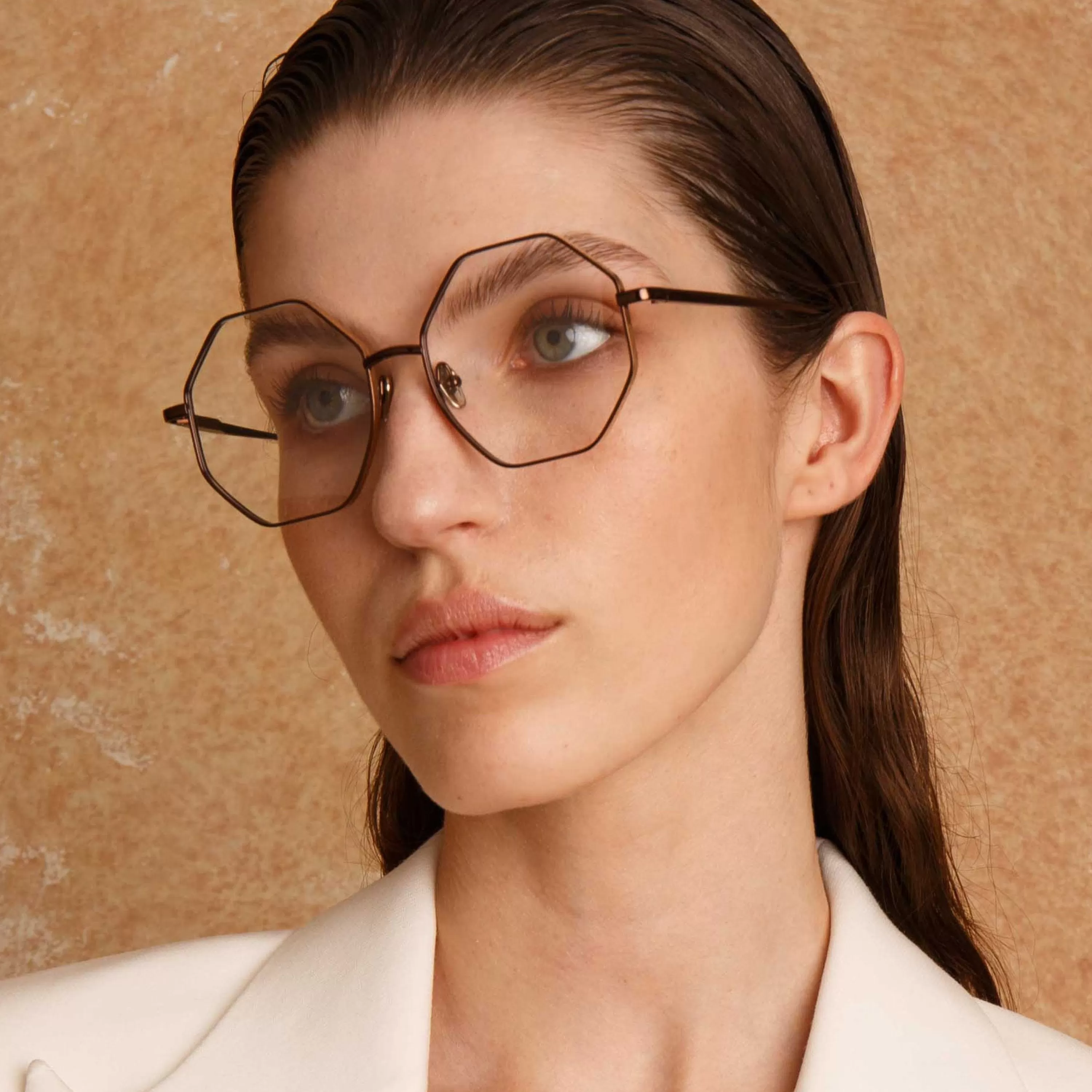 LINDA FARROW (U.K.) Lianas Hexagon Optical Frame in Metallic Brown