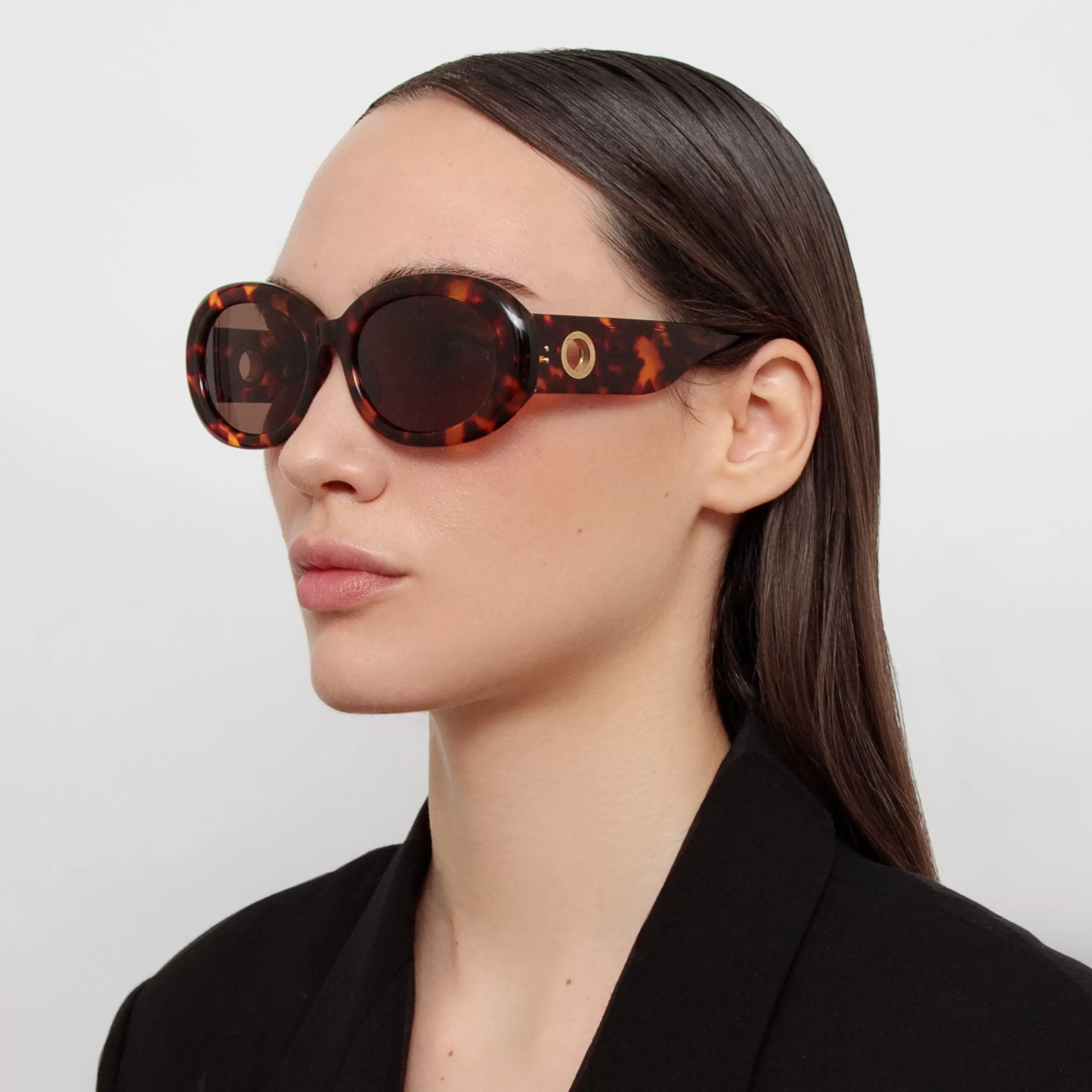 Women LINDA FARROW (U.K.) Lina Oval Sunglasses in Tortoiseshell