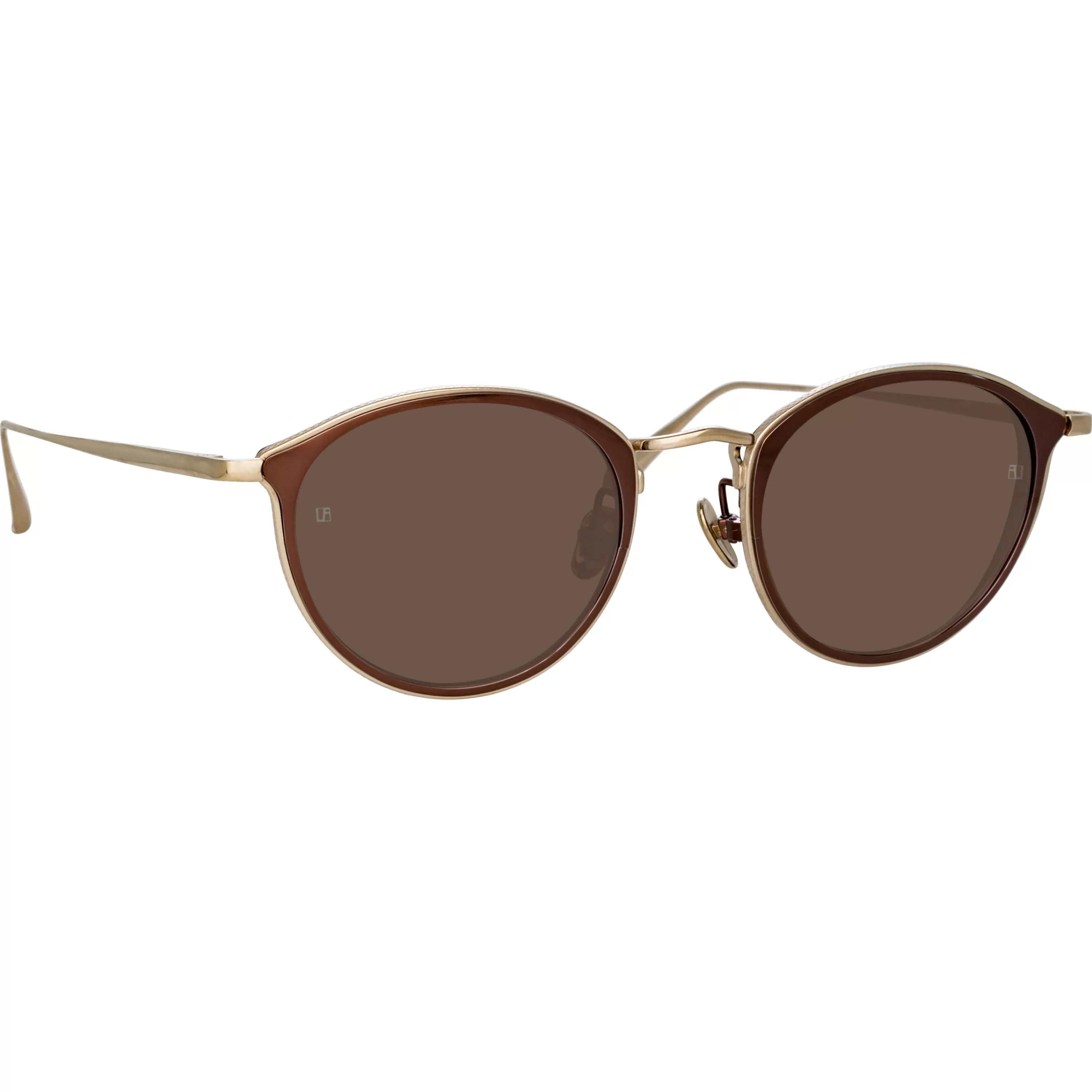 LINDA FARROW (U.K.) Luis Oval Sunglasses in Light Gold and Brown