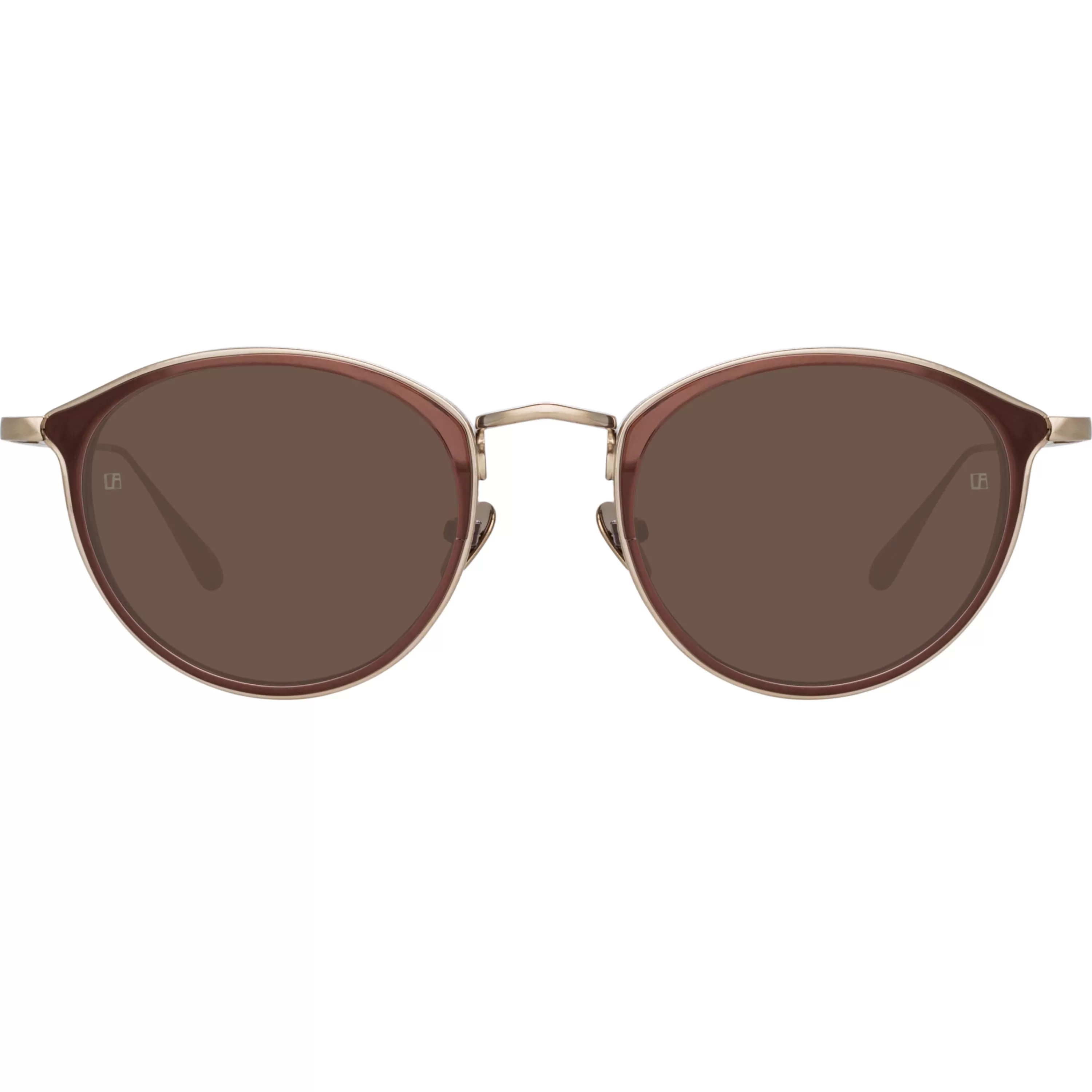 LINDA FARROW (U.K.) Luis Oval Sunglasses in Light Gold and Brown