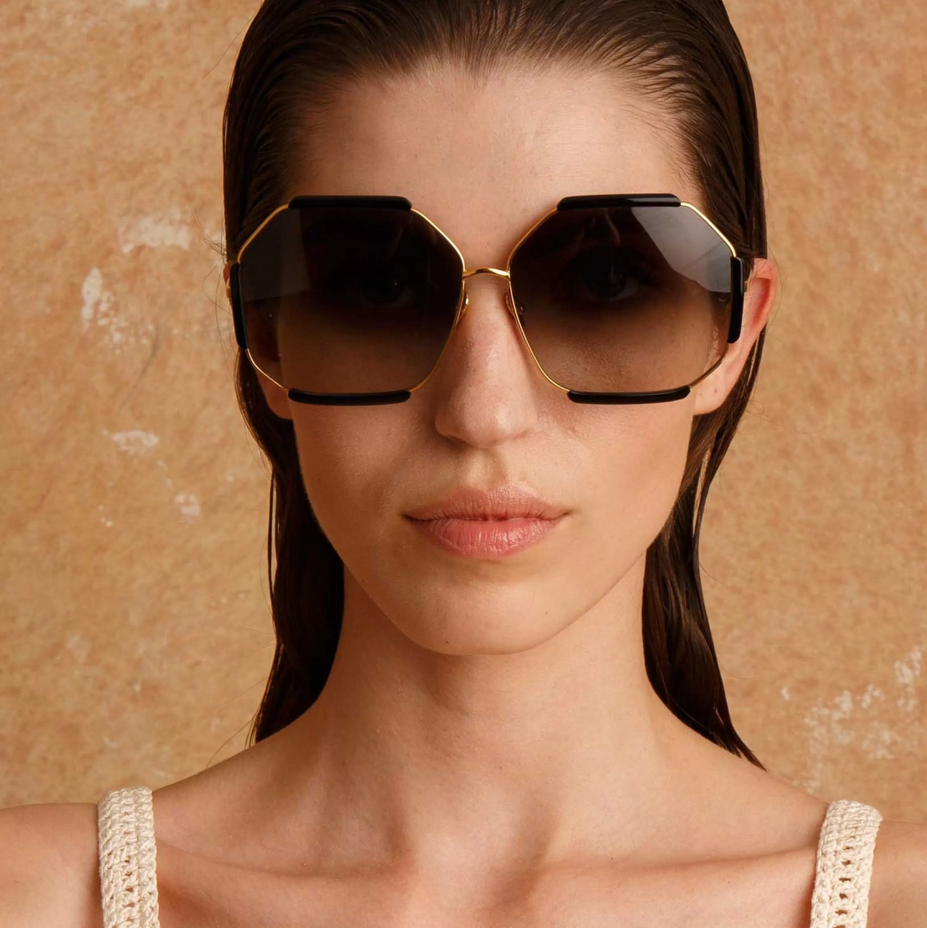LINDA FARROW (U.K.) Margot Hexagon Sunglasses in Black