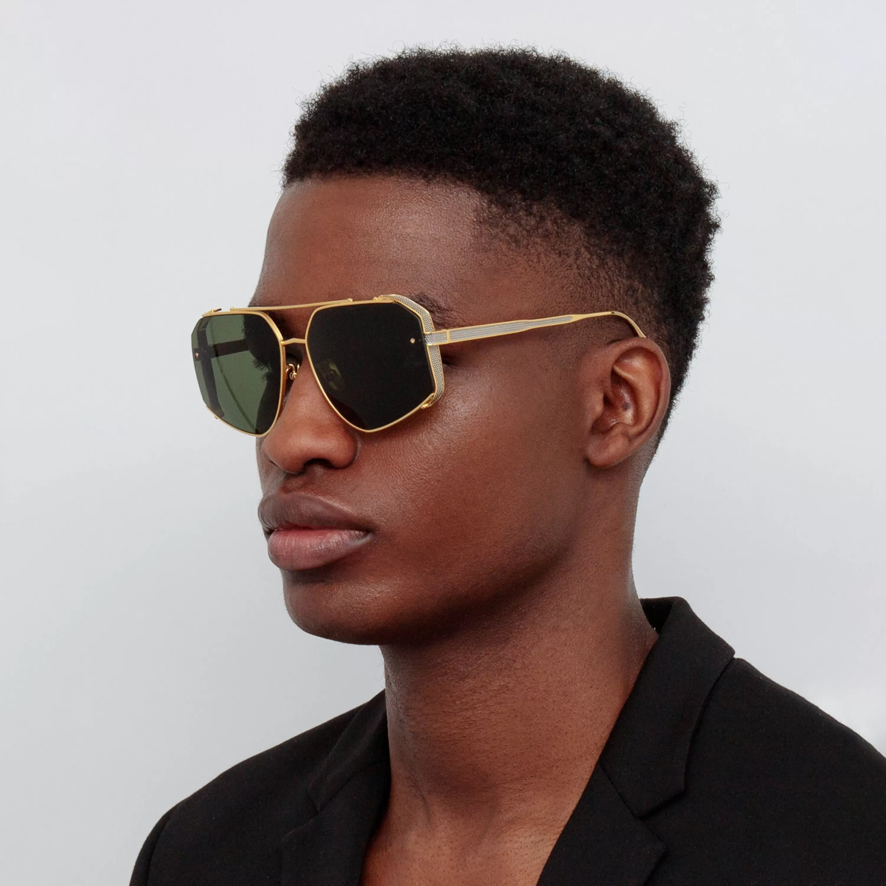 LINDA FARROW (U.K.) Men's Amar Aviator Sunglasses in Yellow Gold