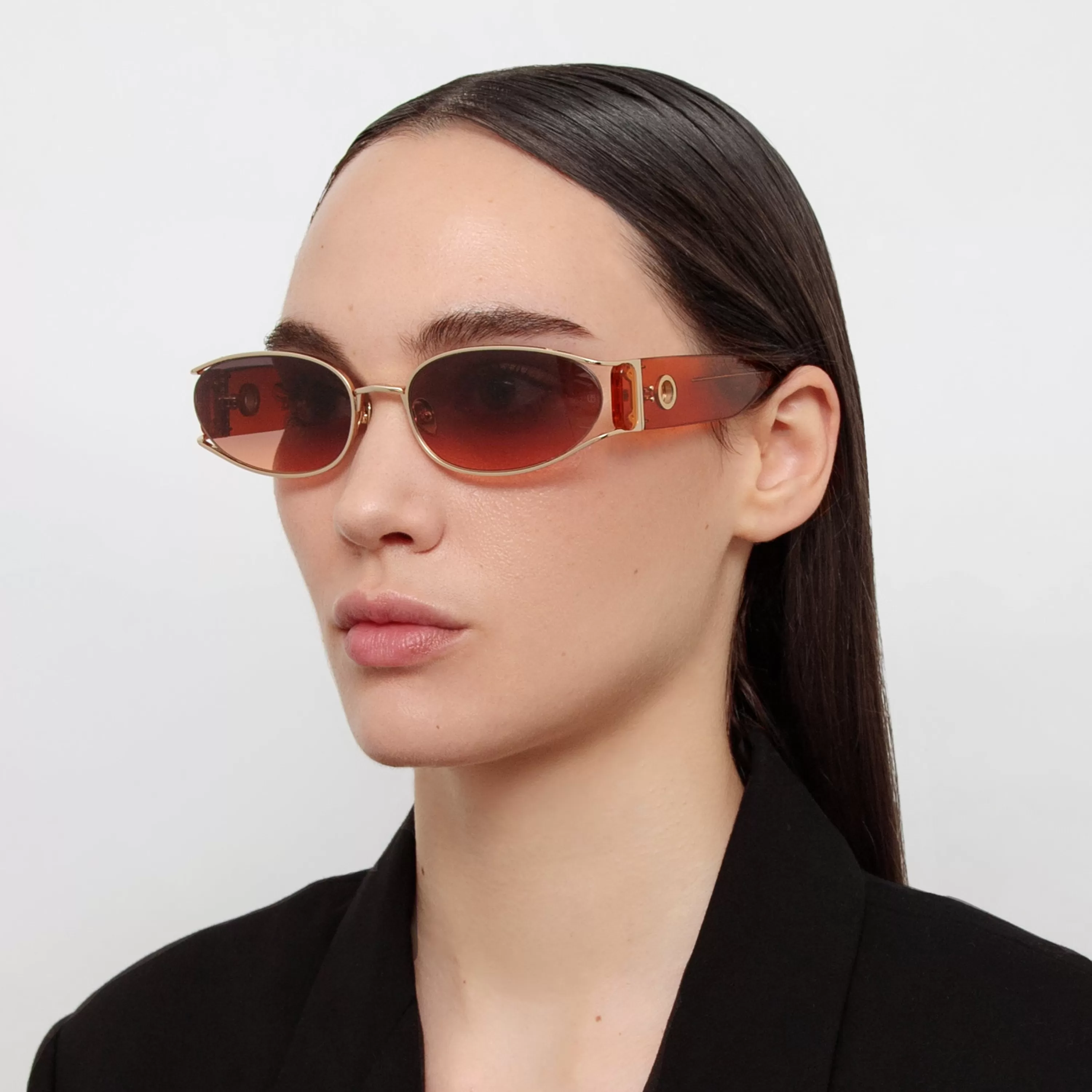 Women LINDA FARROW (U.K.) Shelby Cat Eye Sunglasses in Light Gold and Dusk
