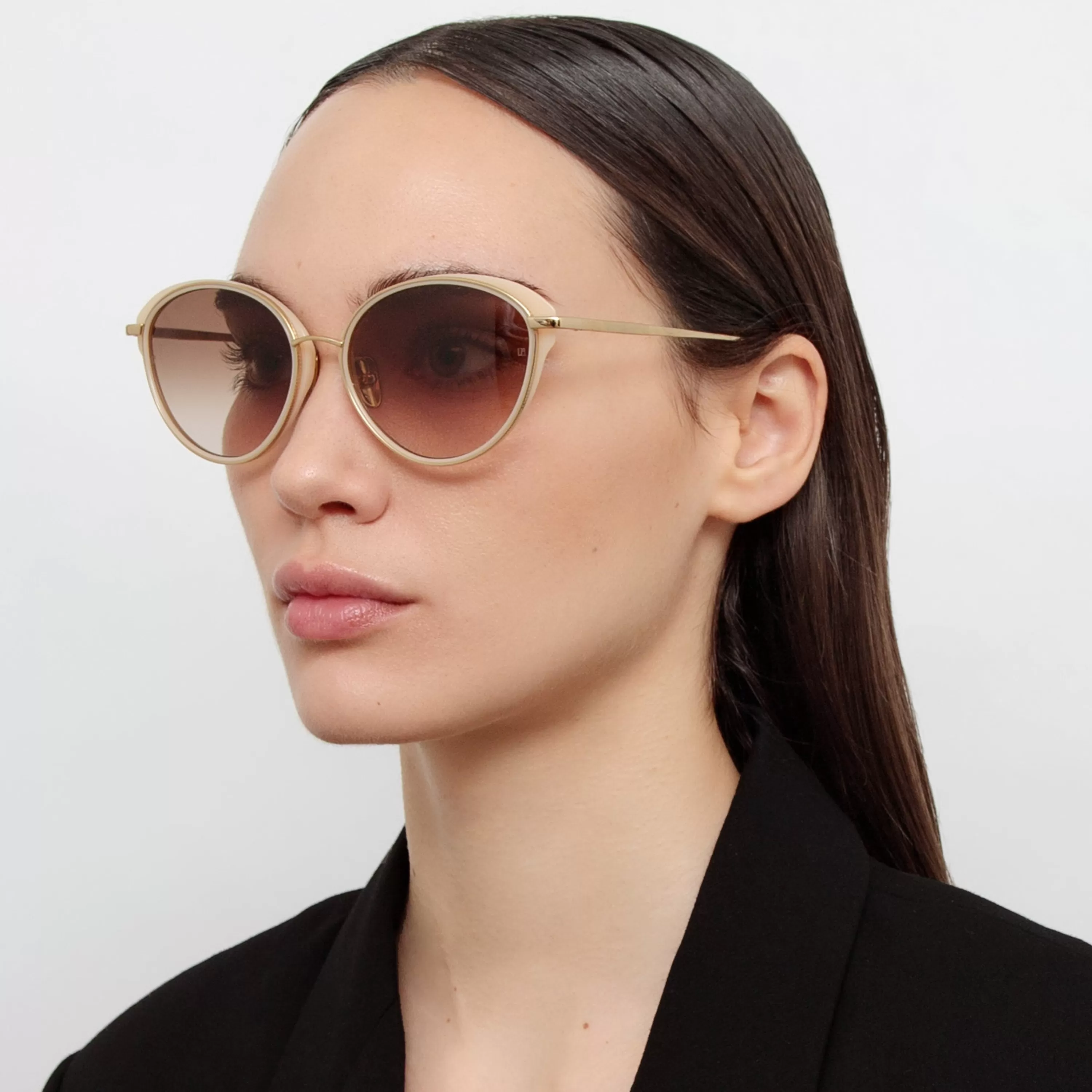 Women LINDA FARROW (U.K.) Song Cat Eye Sunglasses in Light Gold and Peach