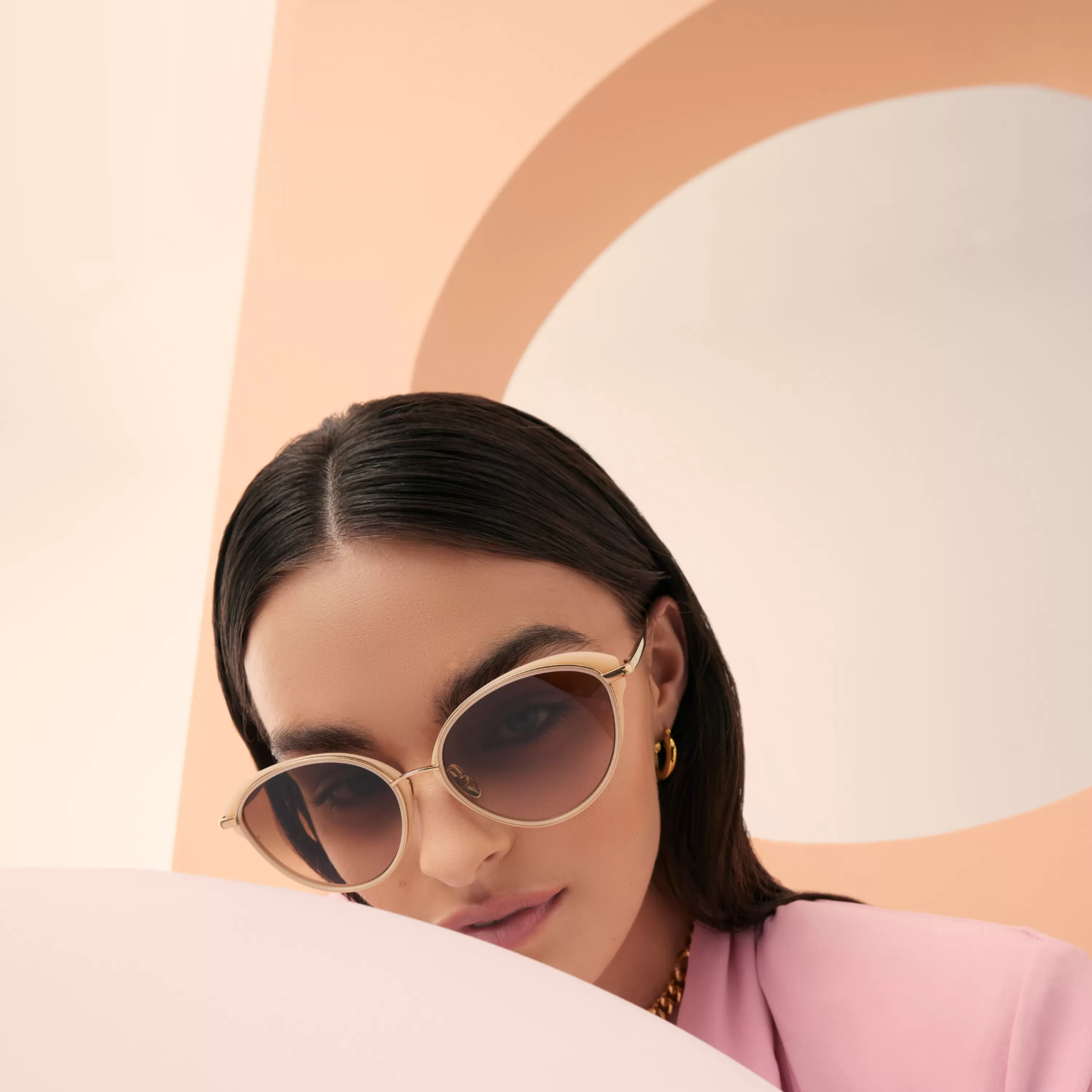 song_cat_eye_sunglasses_in_light_gold_and_peach_5.webp Women LINDA FARROW (U.K.) Song Cat Eye Sunglasses in Light Gold and Peach