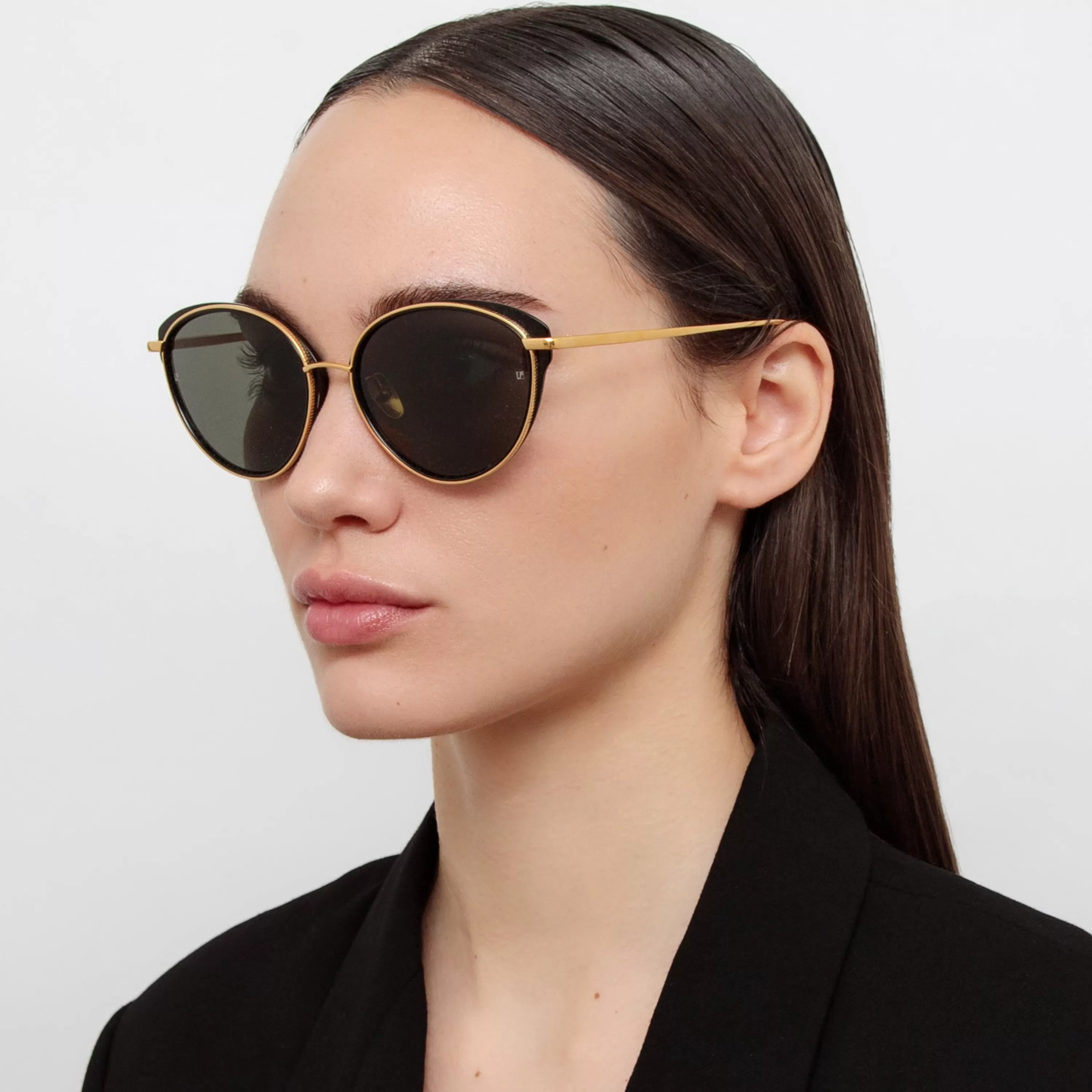 Women LINDA FARROW (U.K.) Song Cat Eye Sunglasses in Yellow Gold and Black