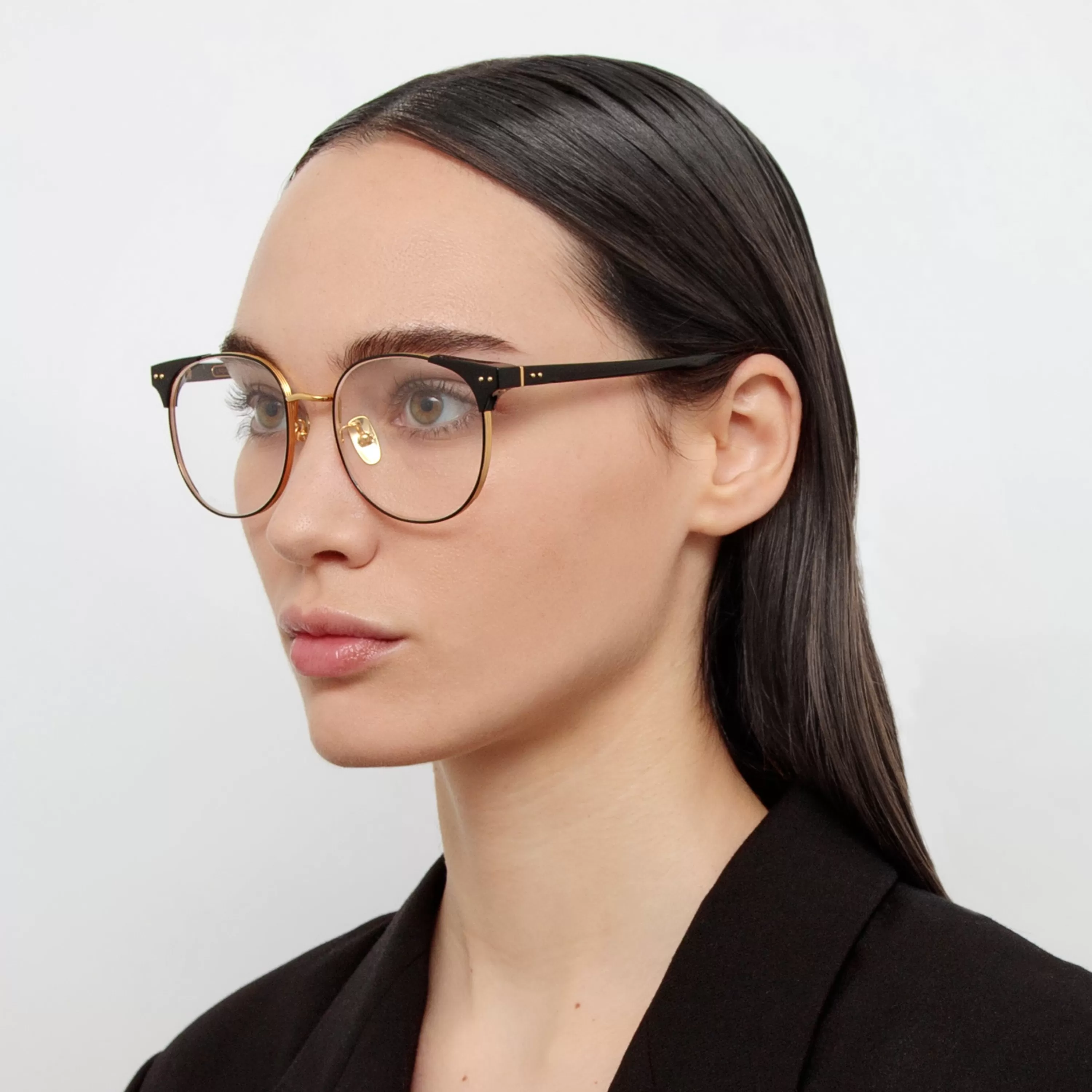 Women Linda Farrow Spence Oval Optical Frame in Black and Yellow Gold